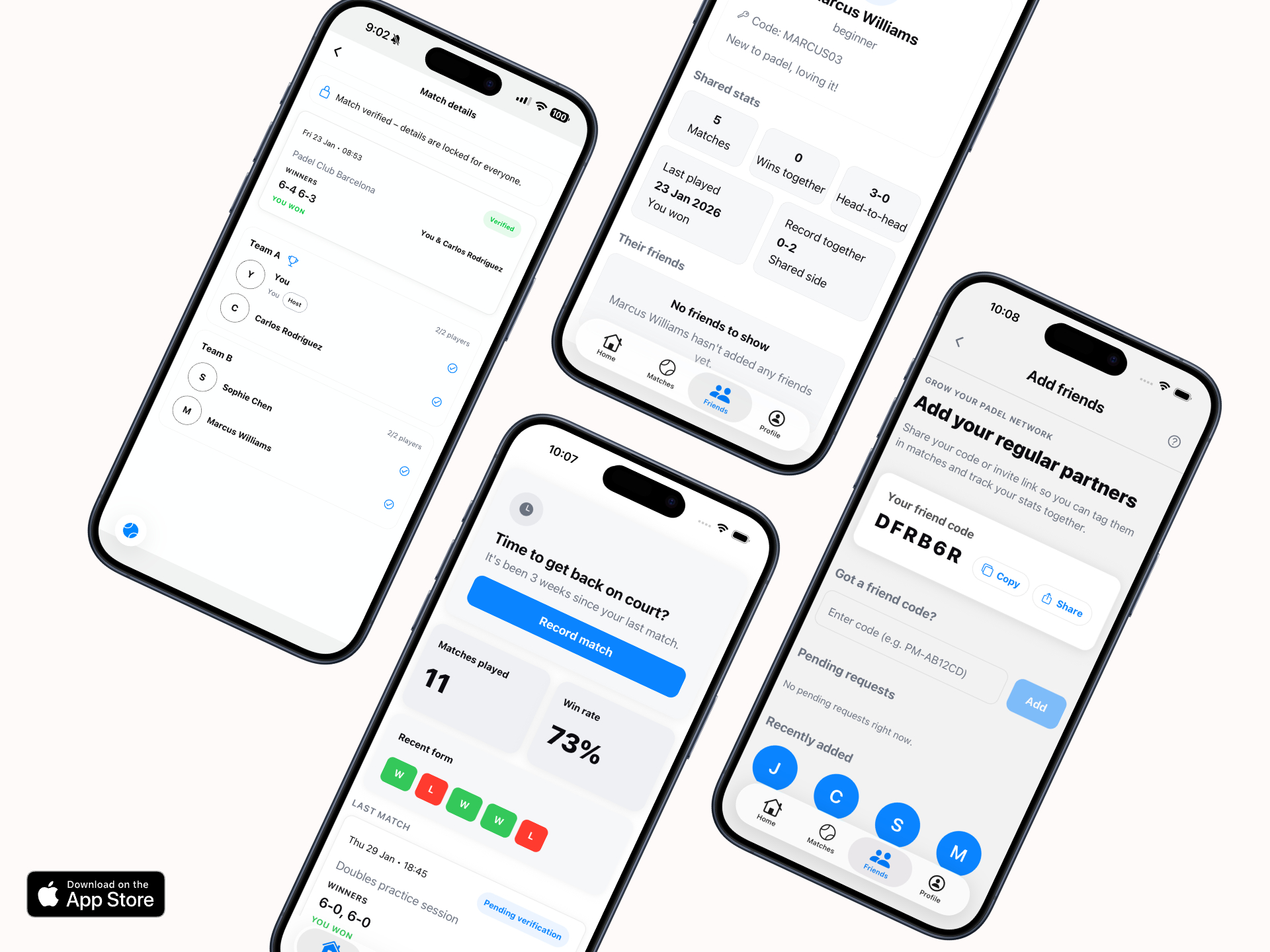 PadelMob app showing match tracking, activity feed, and verified player stats